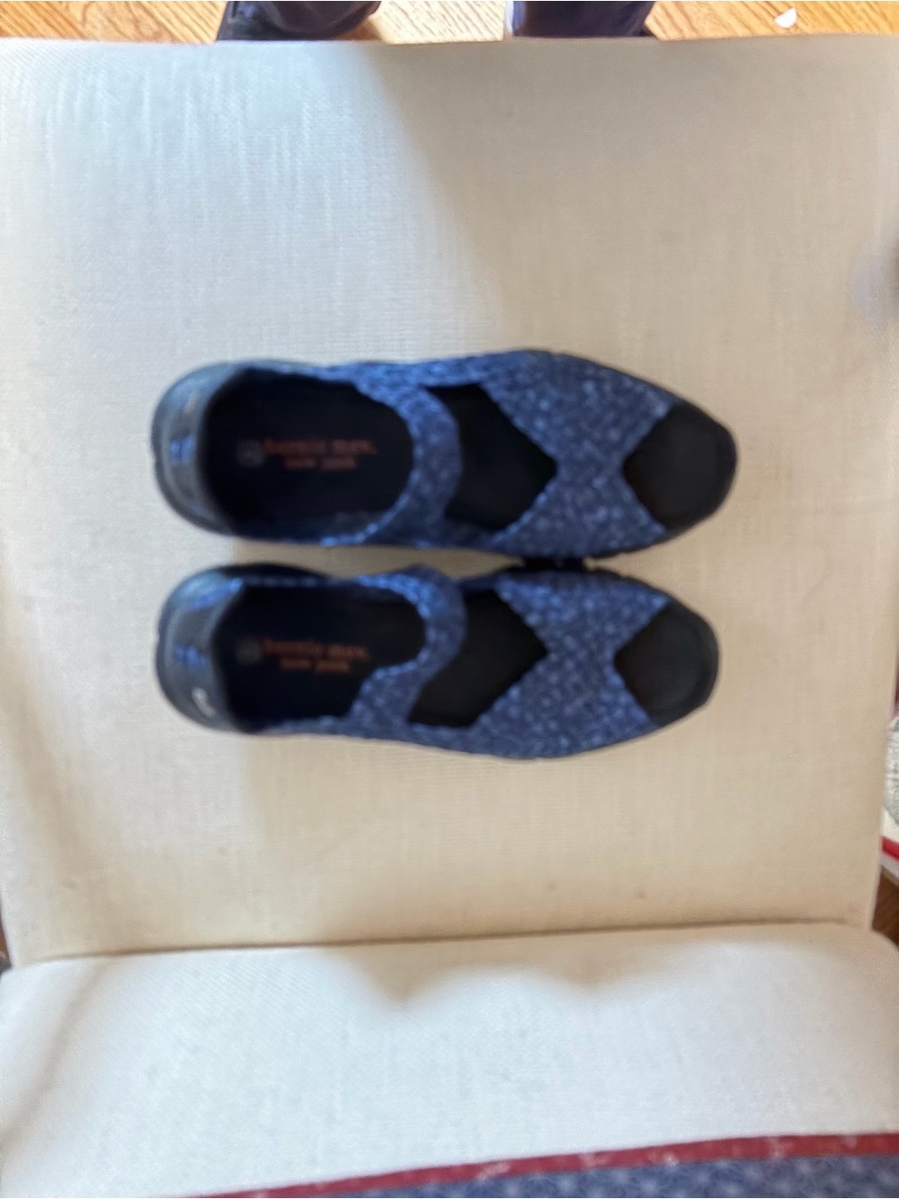 bernie mev. Navy Blue Woven Elastic Strap Sandals